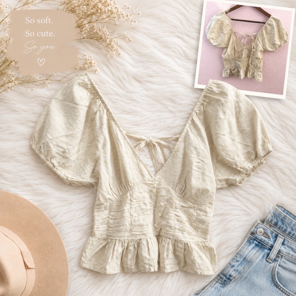 Sim & Sam Ivory Cotton Linen Blend Puff Sleeve Peplum Top Cottagecore Boho Small